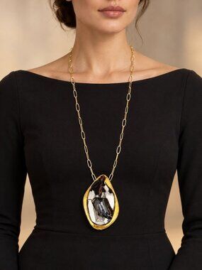 Alexis Bittar Large Two Tone Teardrop Pendant Necklace Smoky Crystal 32" Signed